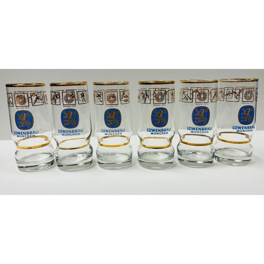 Vtg Lowenbrau Beer Glasses 6 Rare XX Olympiad 1972 Munich Gold Rim Collectible